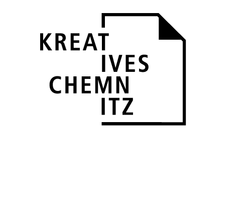 Logo Kreatives Chemnitz mit schwarzer Schrift auf weißem leeren Blatt mit gefalteter Ecke rechts oben