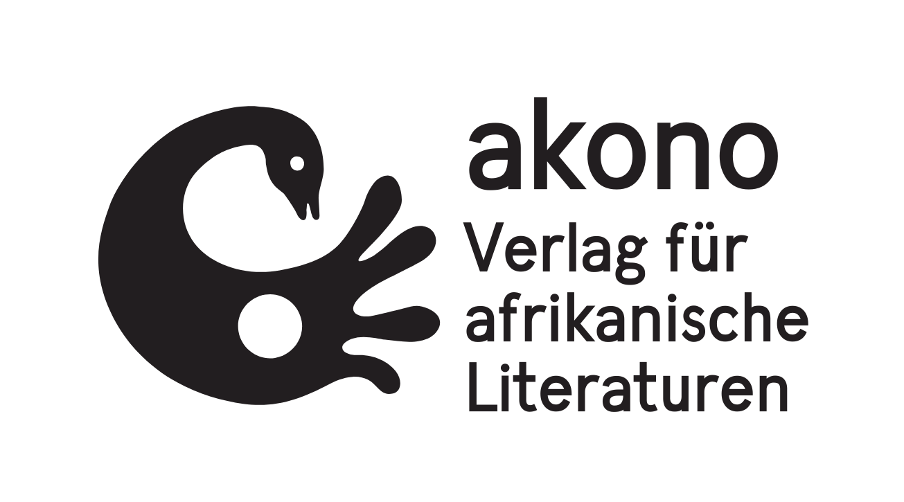 Logo des akono Verlags für afrikanische Literatur, schwarz. Links eine geschwungene Ente, rechts Schrift.