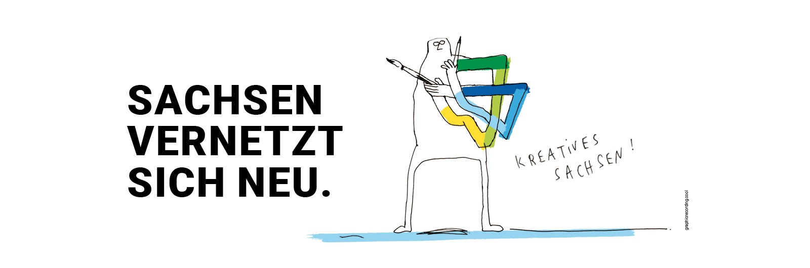 Die Beitragsgrafik trägt die Aufschrift „Sachsen vernetzt sich neu.". Daneben befindet sich eine Illustration von „grapgicrecording.cool". Die Zeichnung zeigt eine Strichmännchenfigur. Die verschlungen Arme formen das Logo von KREATIVES SACHSEN und sind in den typischen Farbentönen Gelb, Grün und Blau illustiert. In den Händen hält die Figur je einen Pinsel und einen Stift. Daneben steht „KREATIVES SACHSEN" in Handschrift.